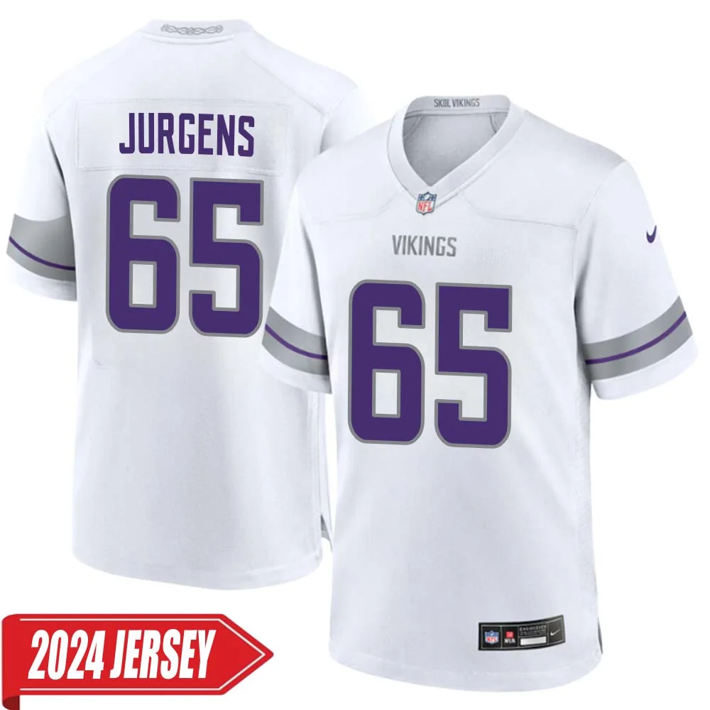 Michael Jurgens No 65 Men s Minnesota Vikings White Alternate Custom Game 2024 Jersey