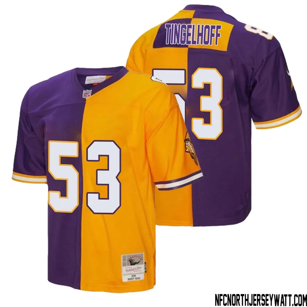 Mick Tingelhoff No 53 Men Mitchell Ness Purple Gold Minnesota Vikings 1998 Split Legacy Replica Jersey 1