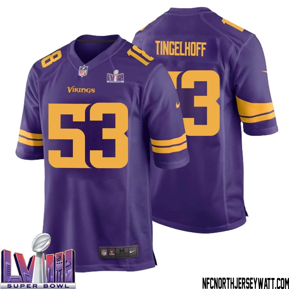 Mick Tingelhoff No 53 Minnesota Vikings Super Bowl LVIII Alternate Game Jersey Purple for Men 1