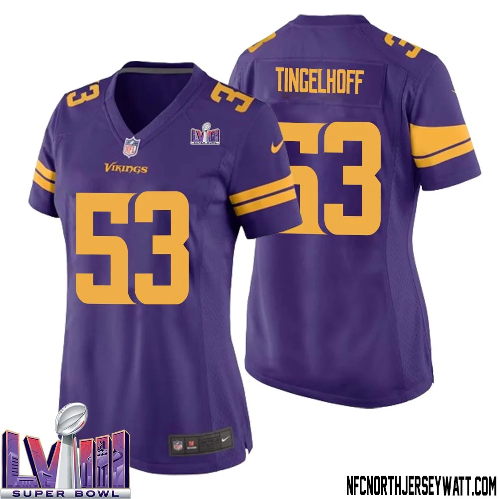 Mick Tingelhoff No 53 Minnesota Vikings Super Bowl LVIII Alternate Game Jersey Purple for Women 1