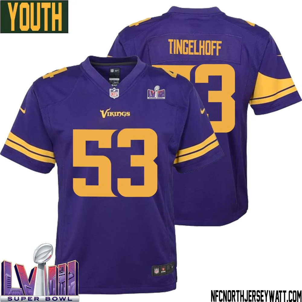 Mick Tingelhoff No 53 Minnesota Vikings Super Bowl LVIII Alternate Game Jersey Purple for Youth