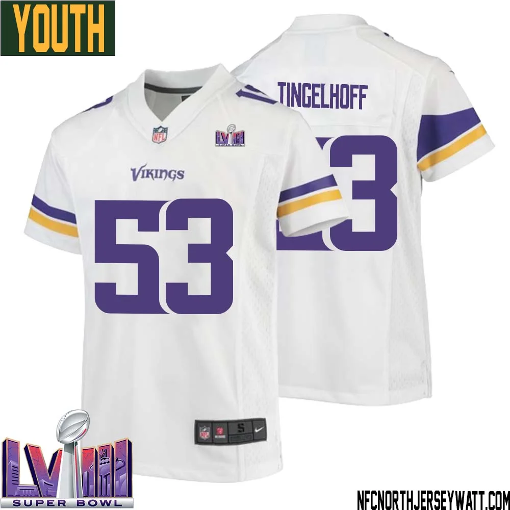 Mick Tingelhoff No 53 Minnesota Vikings Super Bowl LVIII Away Game Jersey White for Youth