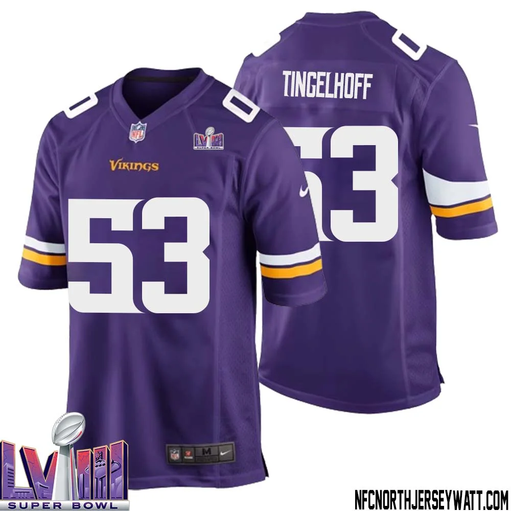 Mick Tingelhoff No 53 Minnesota Vikings Super Bowl LVIII Home Game Jersey Court Purple for Mens 1