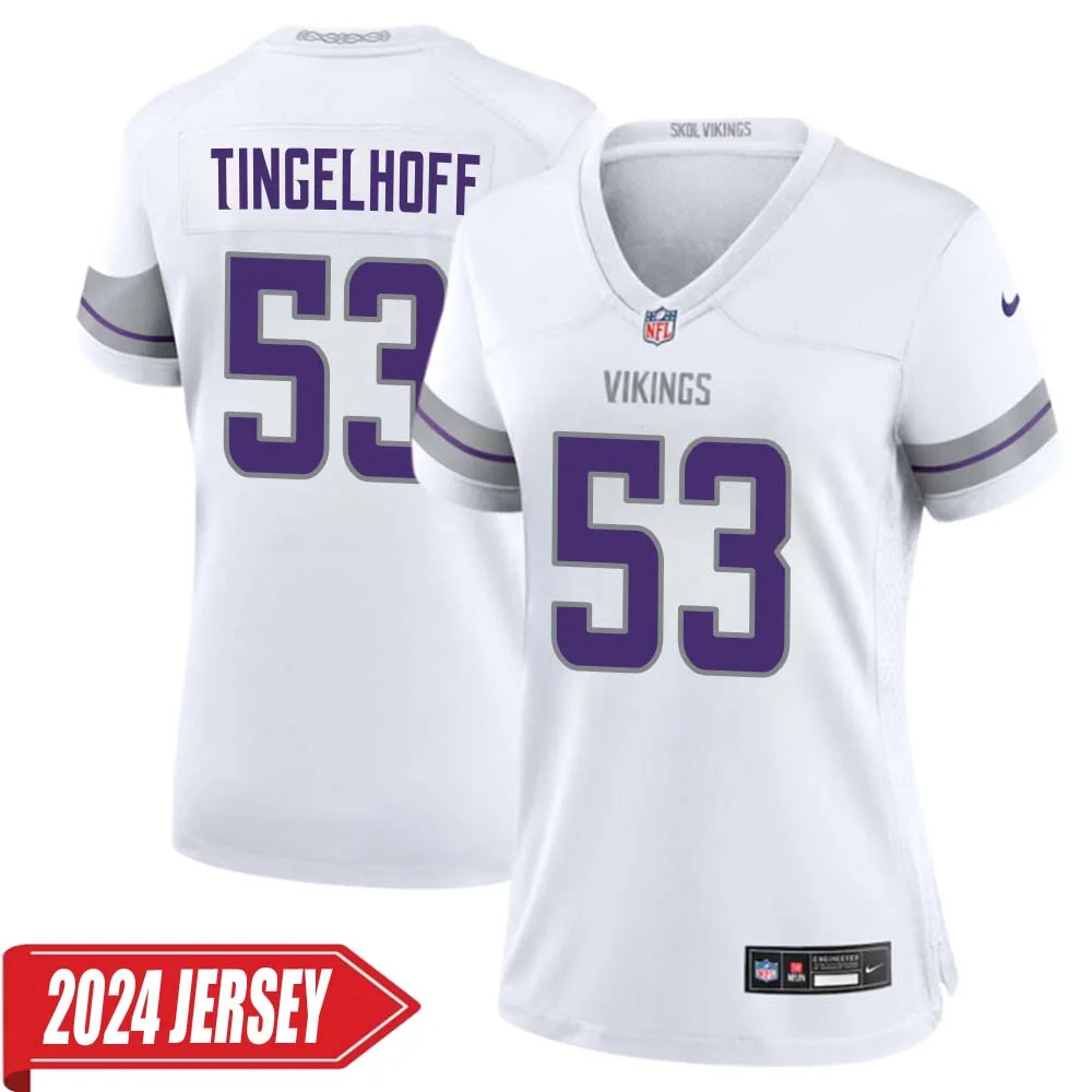 Mick Tingelhoff No 53 Woman s Minnesota Vikings White Alternate Custom Game 2024 Jersey