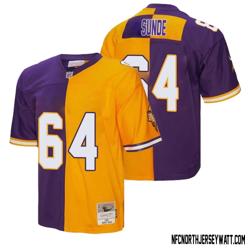 Milt Sunde No 64 Men Mitchell Ness Purple Gold Minnesota Vikings 1998 Split Legacy Replica Jersey 1
