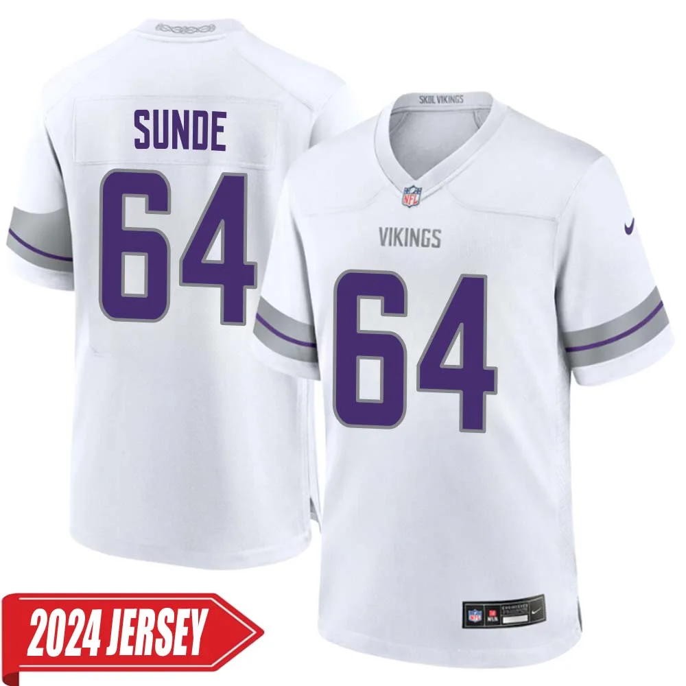 Milt Sunde No 64 Men s Minnesota Vikings White Alternate Custom Game 2024 Jersey
