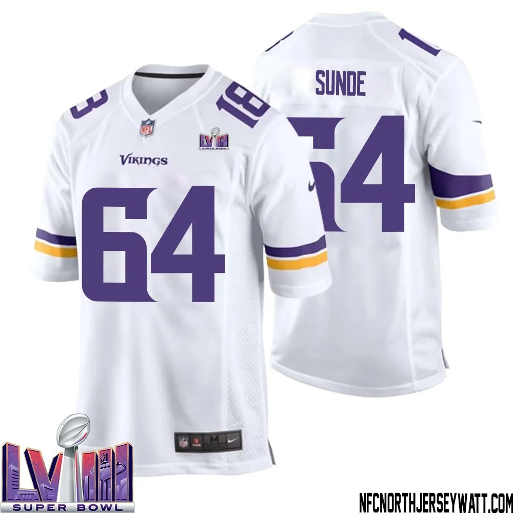 Milt Sunde No 64 Minnesota Vikings Super Bowl LVIII Away Game Jersey White for Men 1