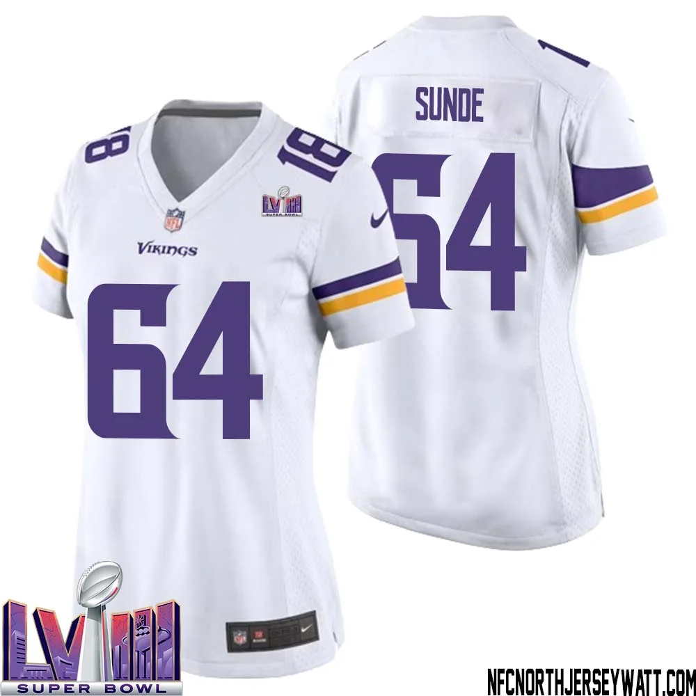 Milt Sunde No 64 Minnesota Vikings Super Bowl LVIII Away Game Jersey White for Women 1