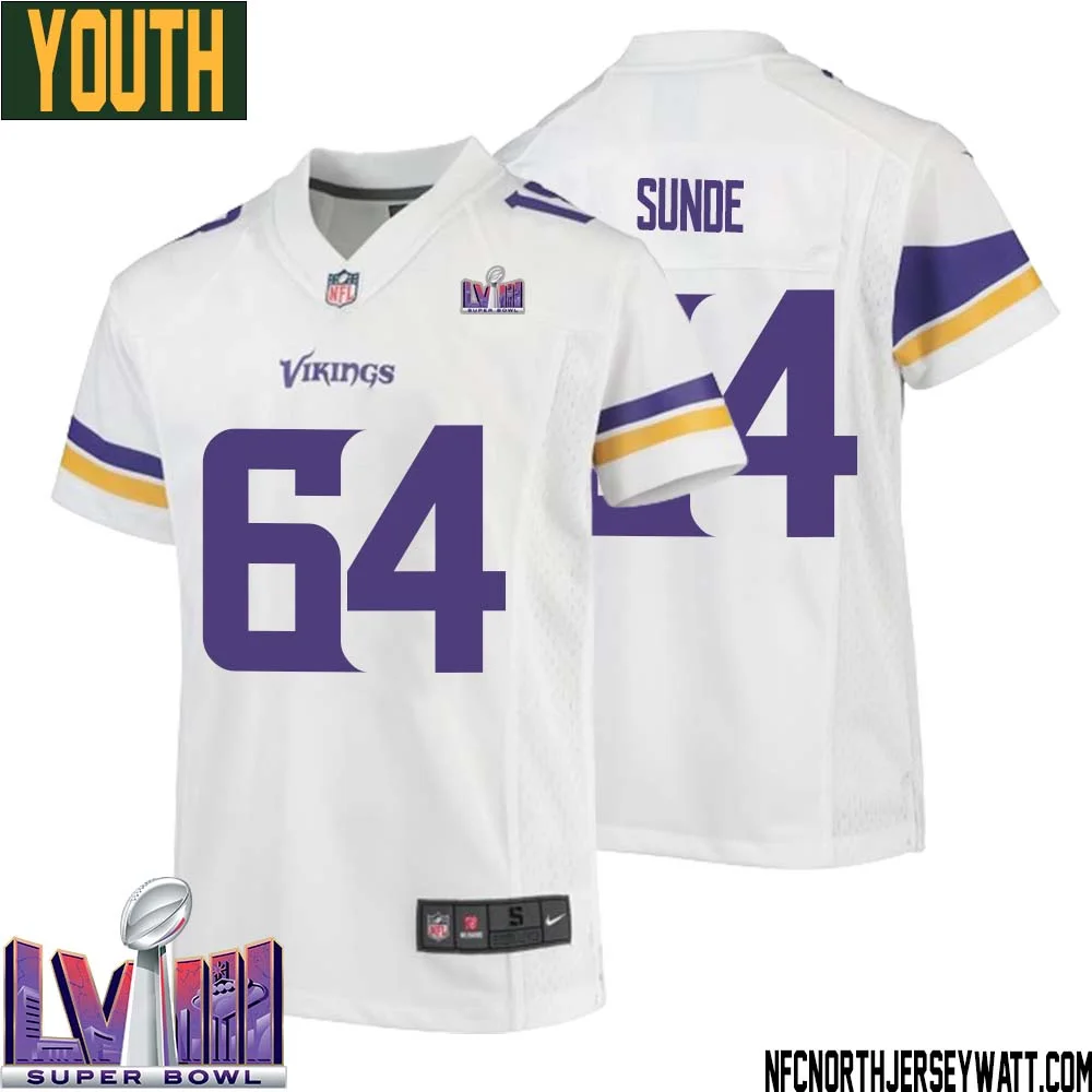 Milt Sunde No 64 Minnesota Vikings Super Bowl LVIII Away Game Jersey White for Youth