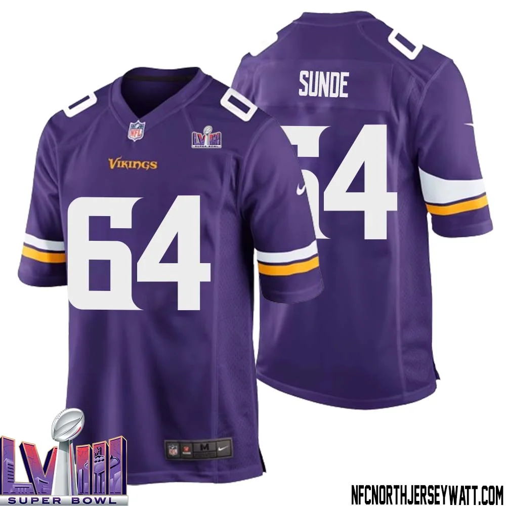 Milt Sunde No 64 Minnesota Vikings Super Bowl LVIII Home Game Jersey Court Purple for Mens