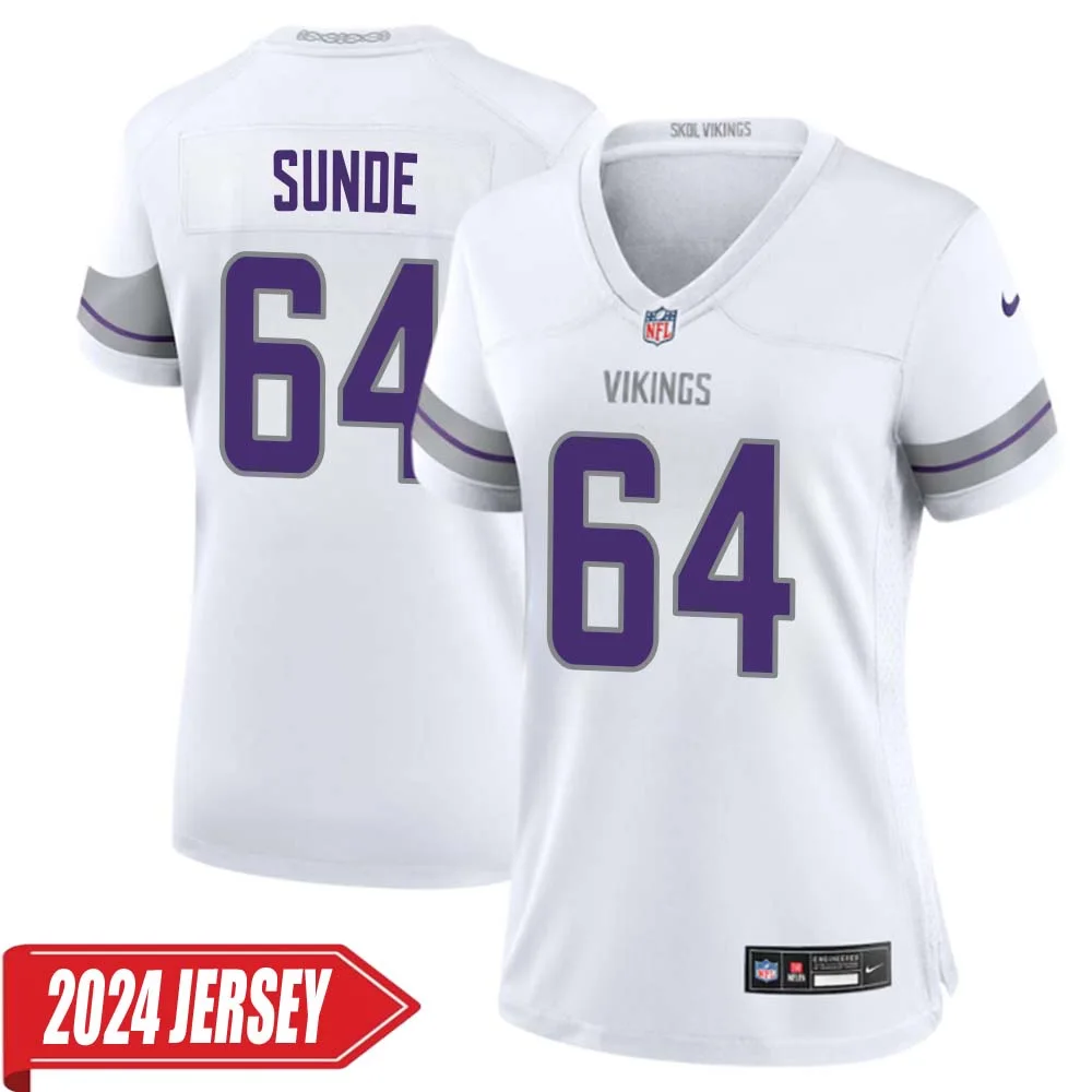 Milt Sunde No 64 Woman s Minnesota Vikings White Alternate Custom Game 2024 Jersey
