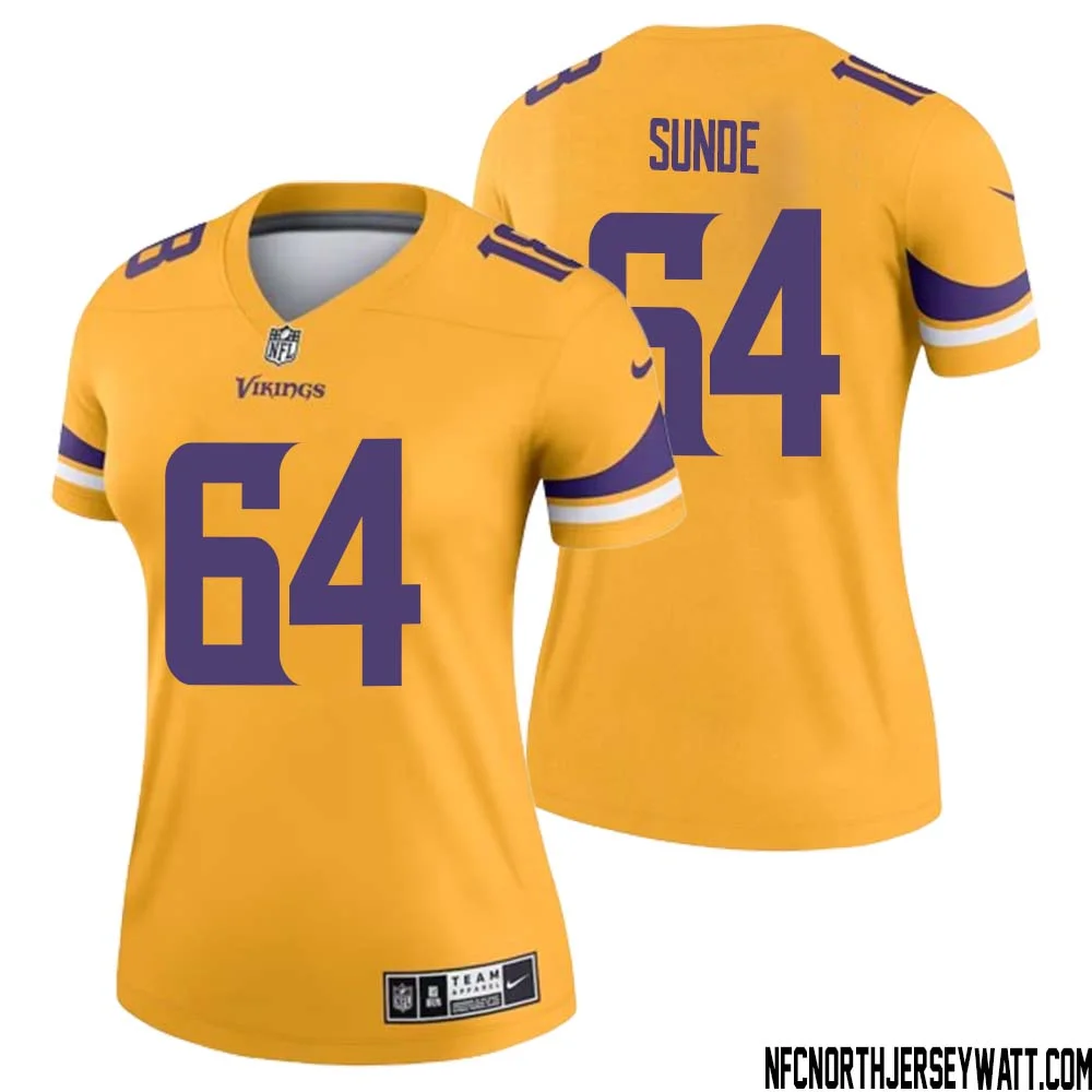 Milt Sunde No 64 Women Minnesota Vikings Gold Inverted Legend Jersey