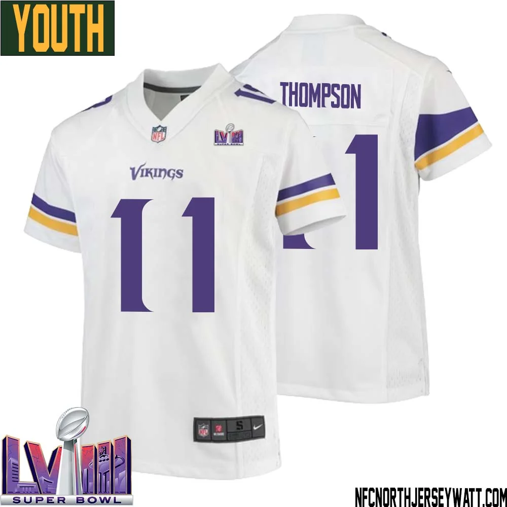 NaJee Thompson No 11 Minnesota Vikings Super Bowl LVIII Away Game Jersey White for Youth
