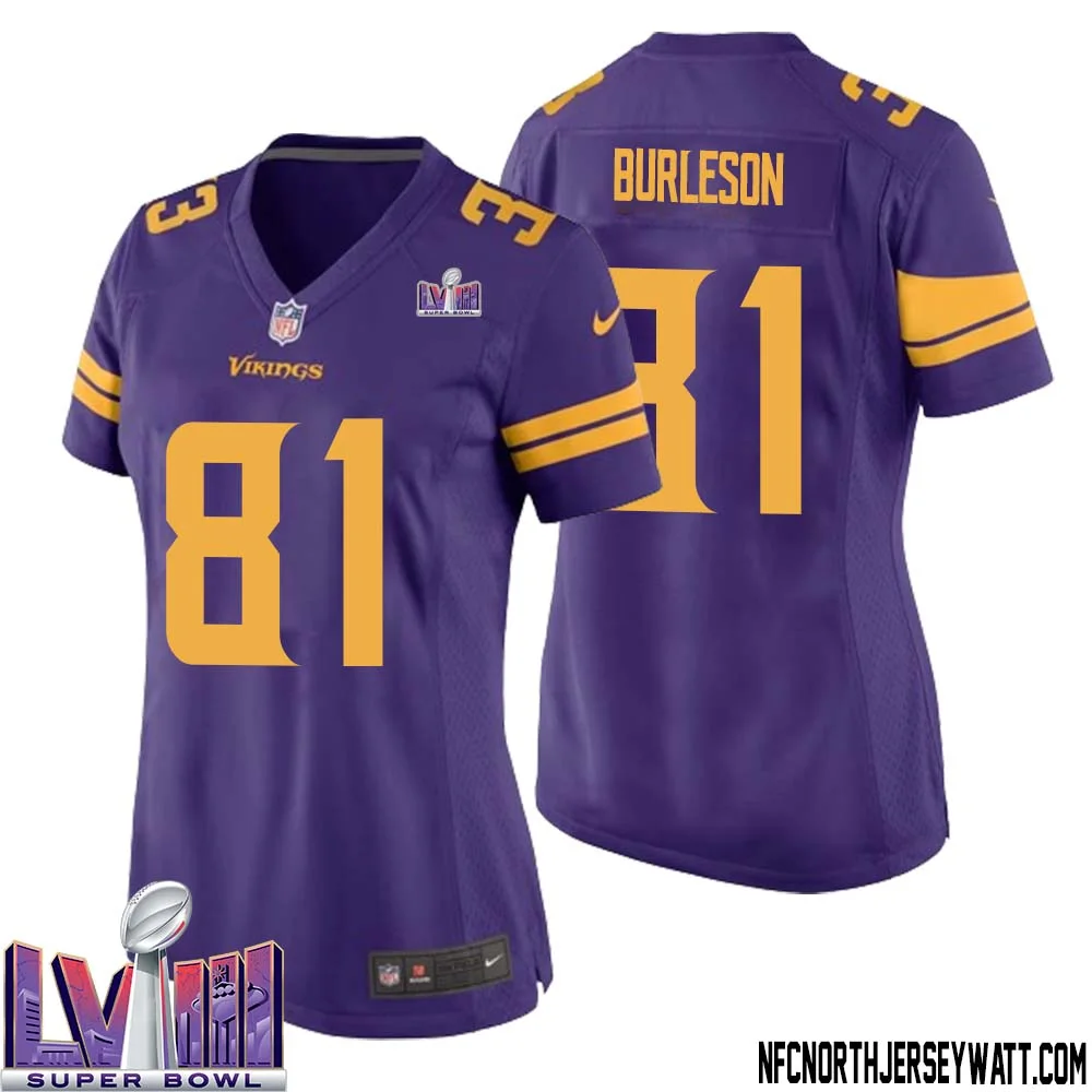 Nate Burleson No 81 Minnesota Vikings Super Bowl LVIII Alternate Game Jersey Purple for Women