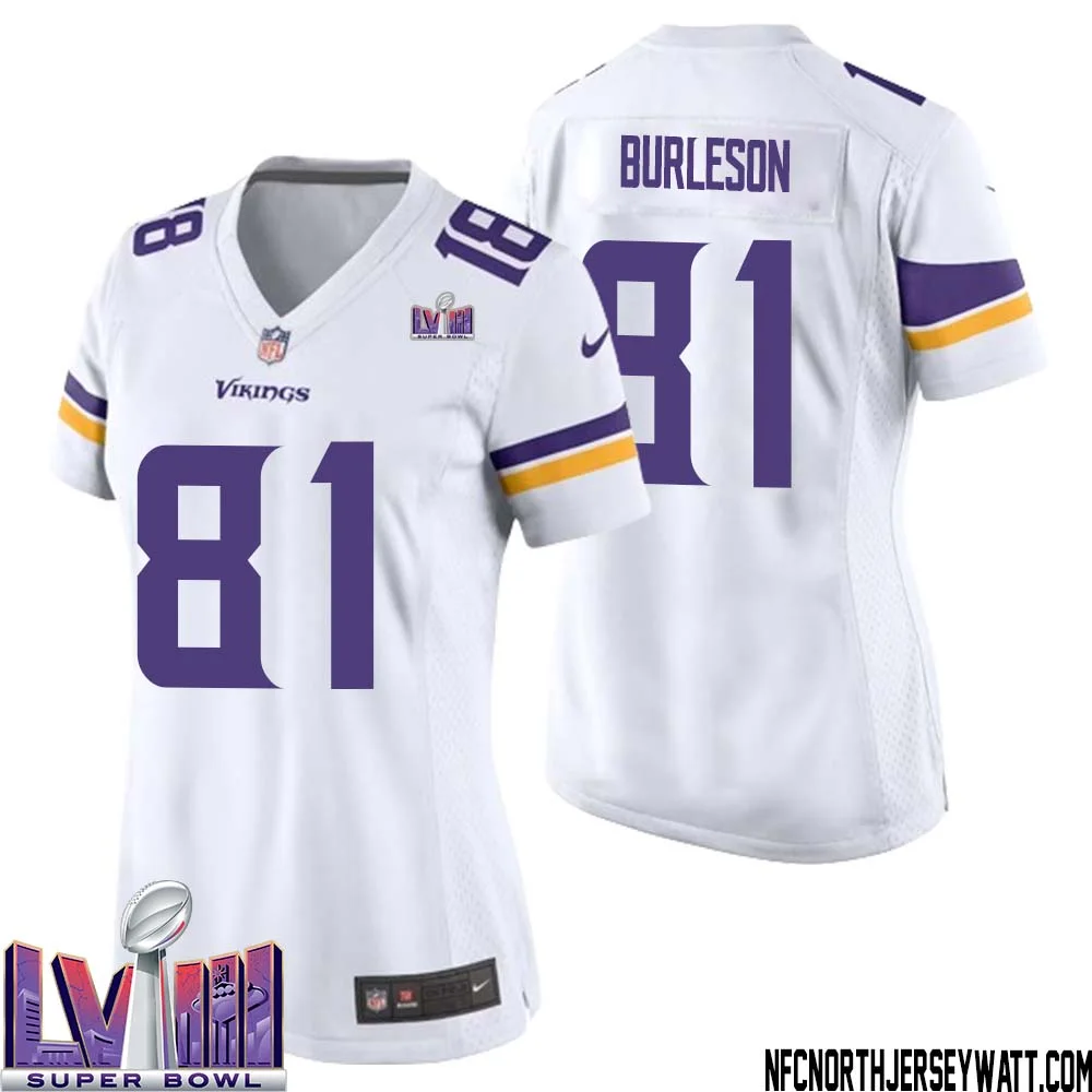 Nate Burleson No 81 Minnesota Vikings Super Bowl LVIII Away Game Jersey White for Women 1