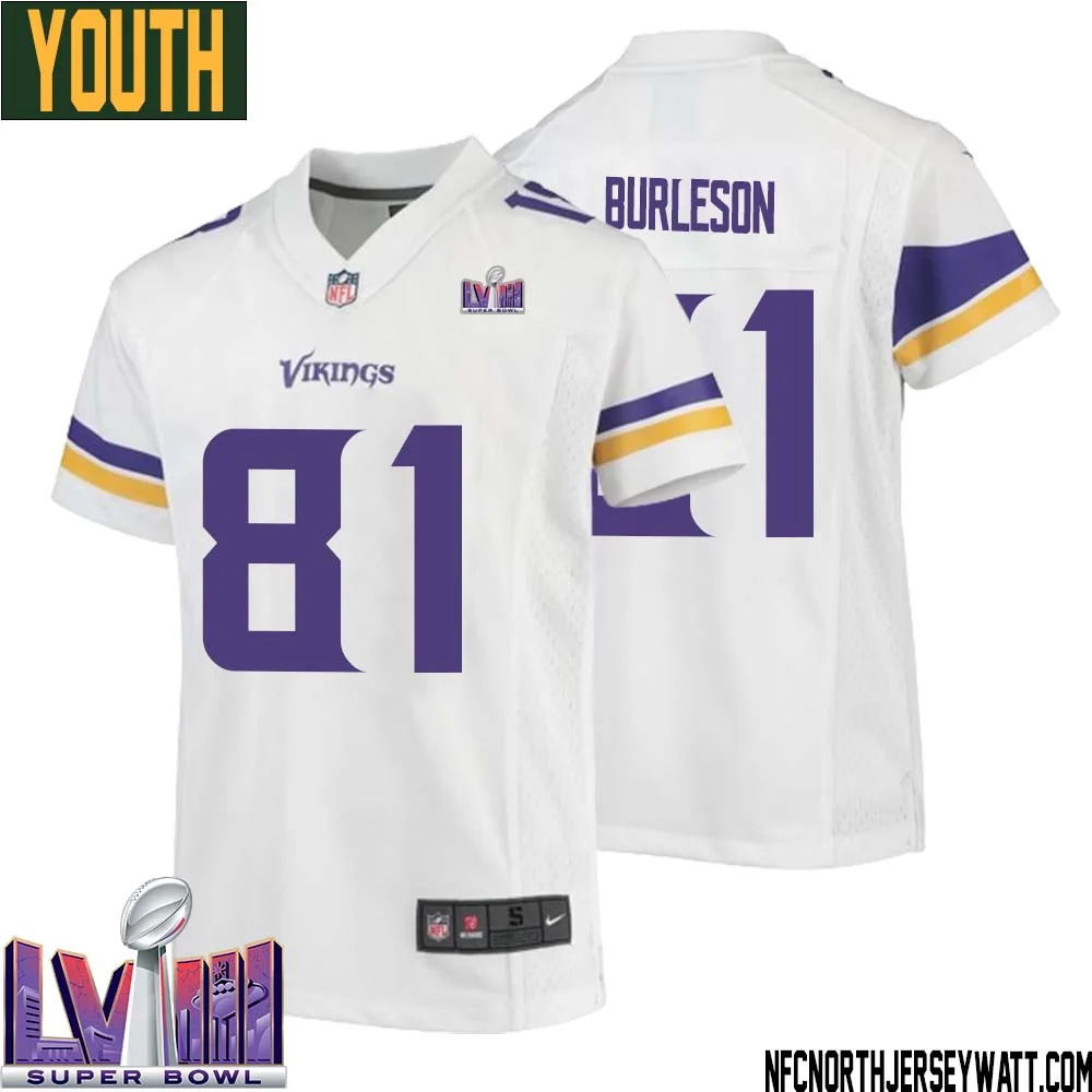 Nate Burleson No 81 Minnesota Vikings Super Bowl LVIII Away Game Jersey White for Youth 1