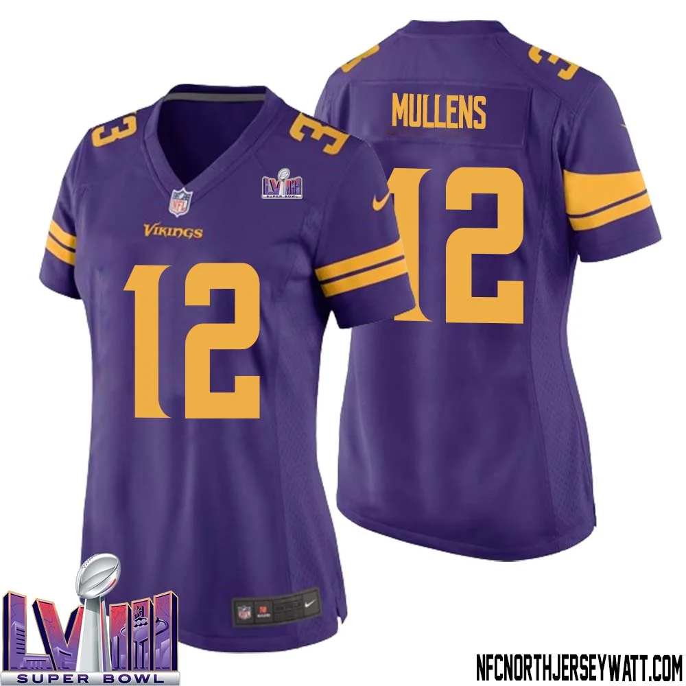Nick Mullens No 12 Minnesota Vikings Super Bowl LVIII Alternate Game Jersey Purple for Women 1