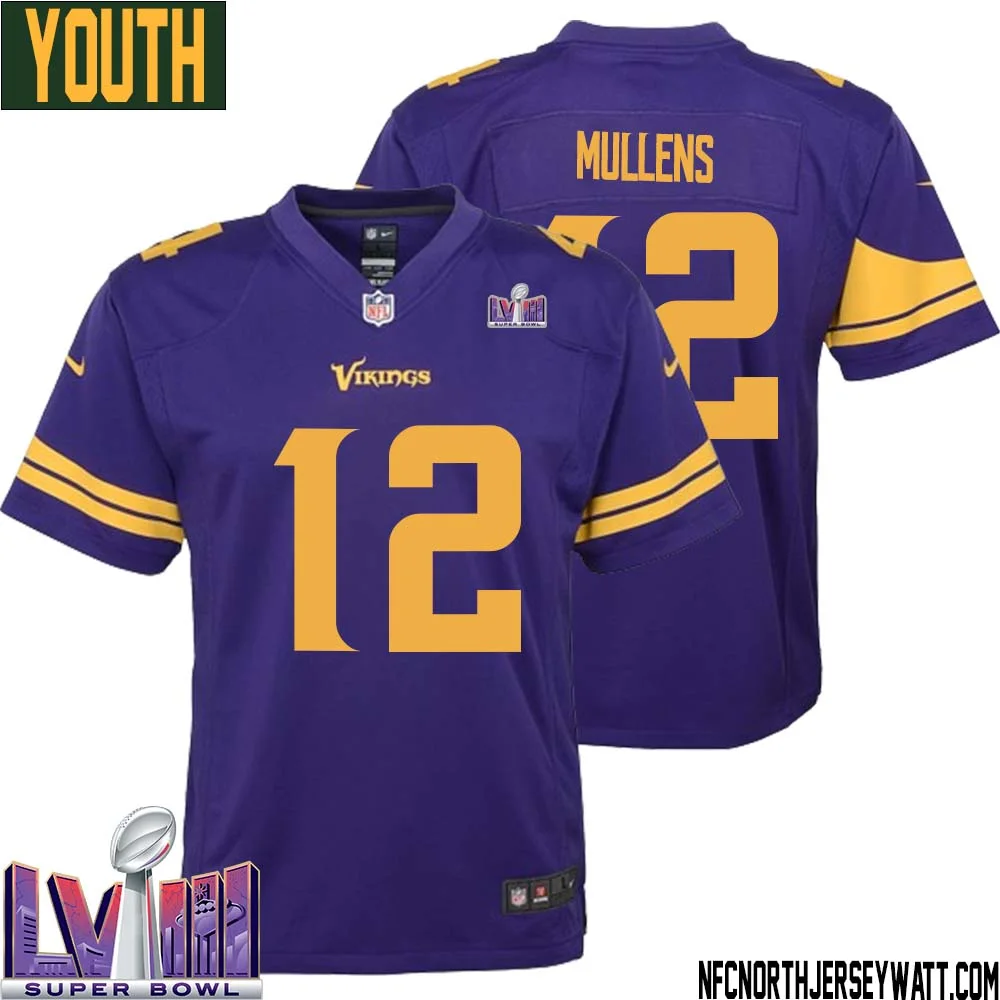 Nick Mullens No 12 Minnesota Vikings Super Bowl LVIII Alternate Game Jersey Purple for Youth 1