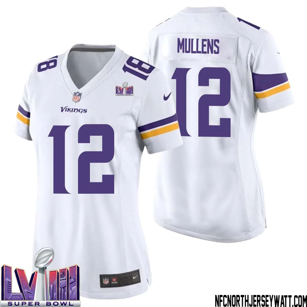 Nick Mullens No 12 Minnesota Vikings Super Bowl LVIII Away Game Jersey White for Women
