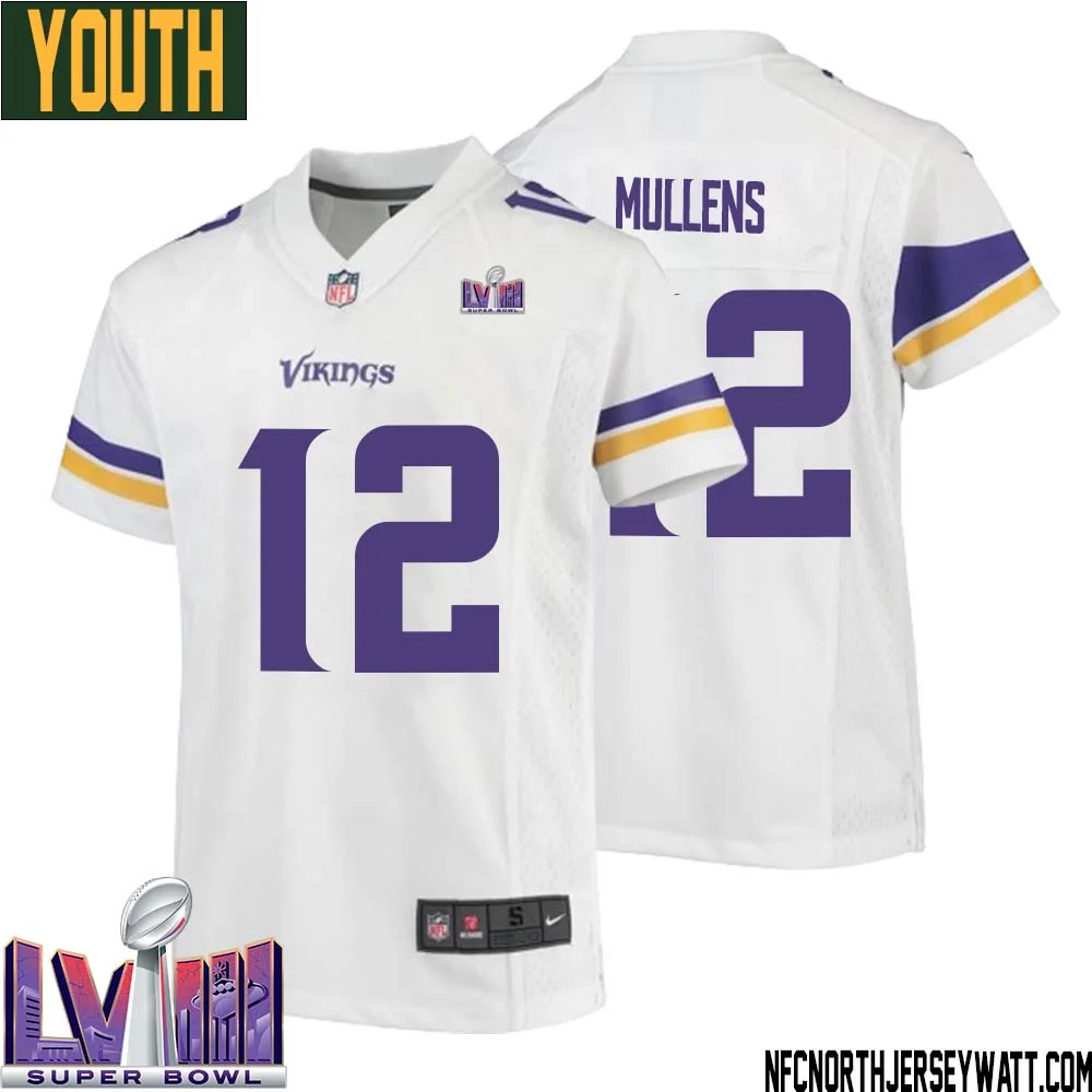 Nick Mullens No 12 Minnesota Vikings Super Bowl LVIII Away Game Jersey White for Youth 1