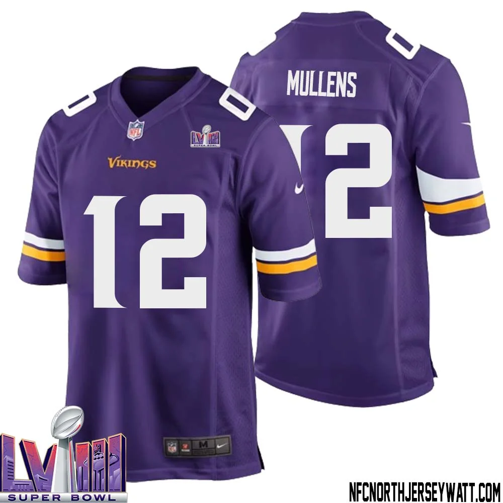 Nick Mullens No 12 Minnesota Vikings Super Bowl LVIII Home Game Jersey Court Purple for Mens 1
