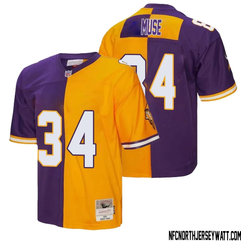 Nick Muse No 34 Men Mitchell Ness Purple Gold Minnesota Vikings 1998 Split Legacy Replica Jersey 1