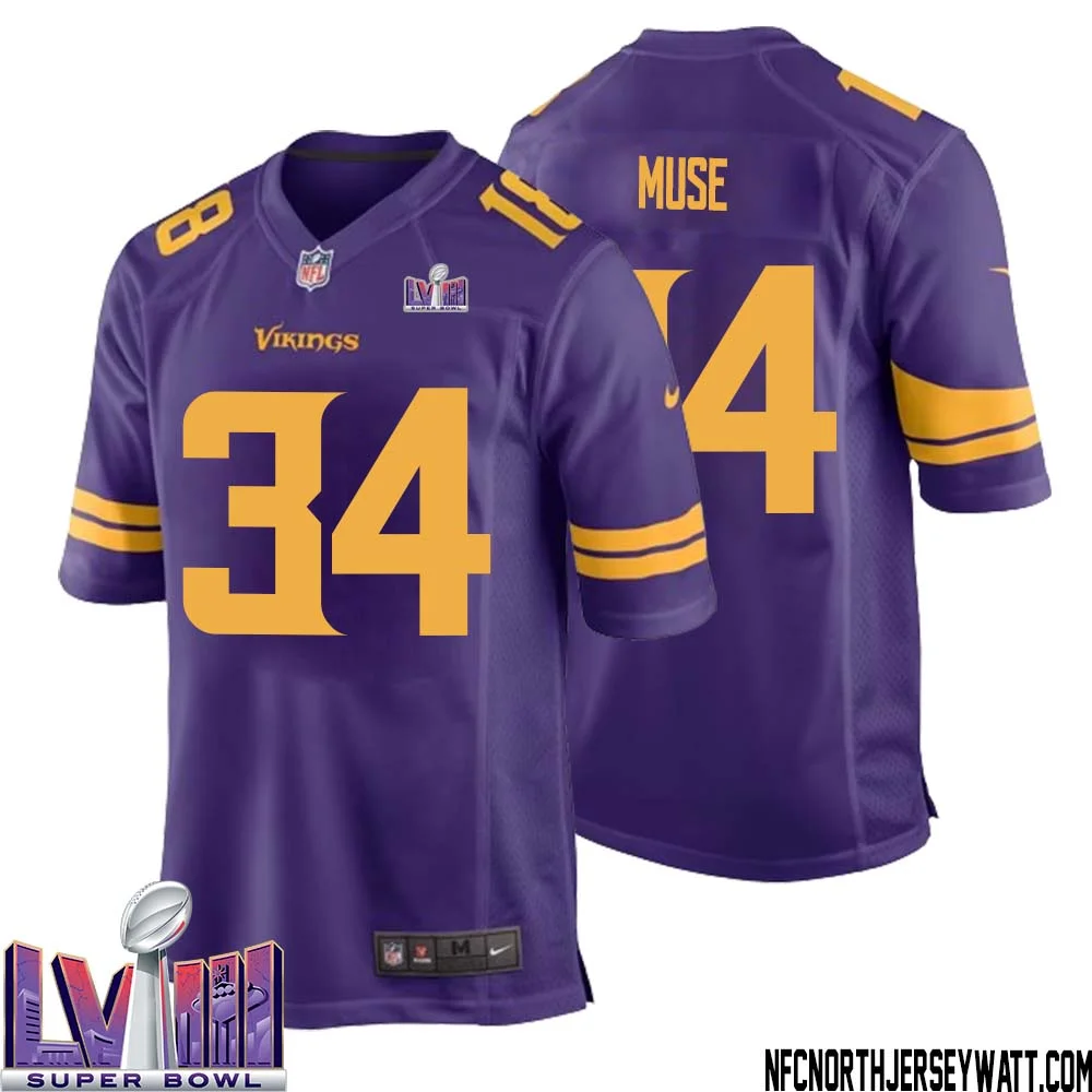 Nick Muse No 34 Minnesota Vikings Super Bowl LVIII Alternate Game Jersey Purple for Men