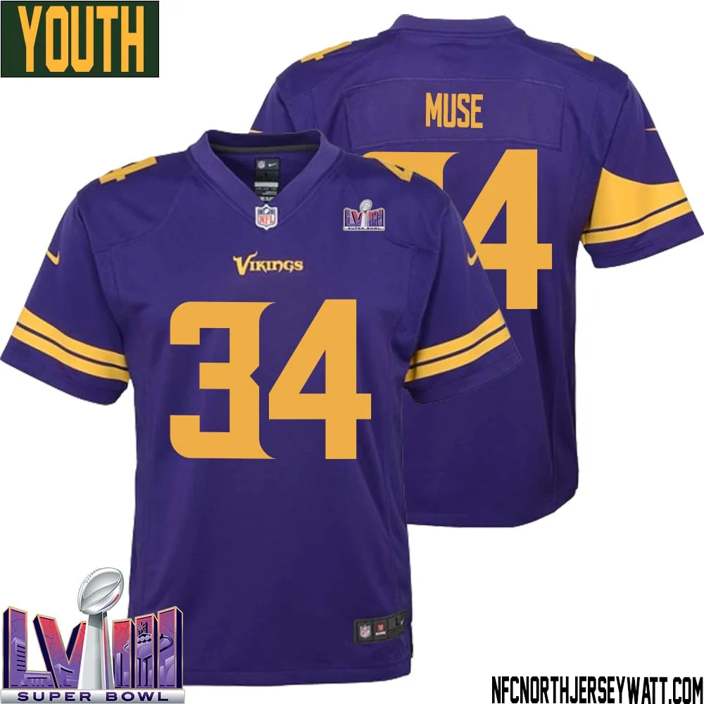 Nick Muse No 34 Minnesota Vikings Super Bowl LVIII Alternate Game Jersey Purple for Youth 1