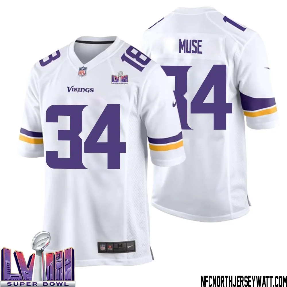 Nick Muse No 34 Minnesota Vikings Super Bowl LVIII Away Game Jersey White for Men 1