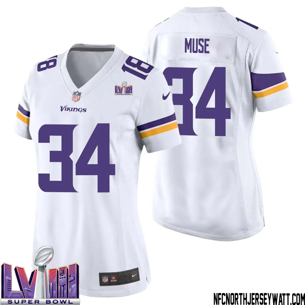 Nick Muse No 34 Minnesota Vikings Super Bowl LVIII Away Game Jersey White for Women
