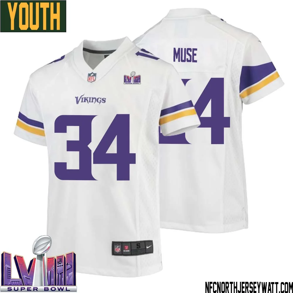 Nick Muse No 34 Minnesota Vikings Super Bowl LVIII Away Game Jersey White for Youth 1
