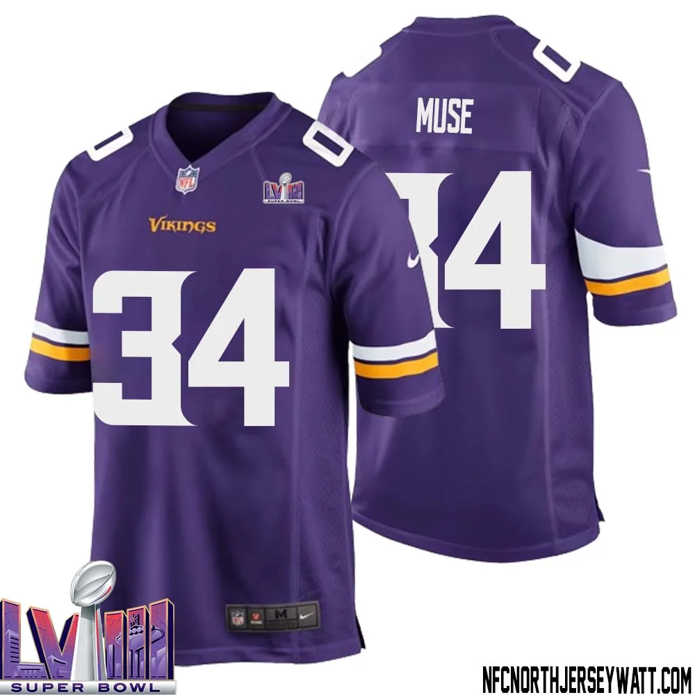 Nick Muse No 34 Minnesota Vikings Super Bowl LVIII Home Game Jersey Court Purple for Mens 1