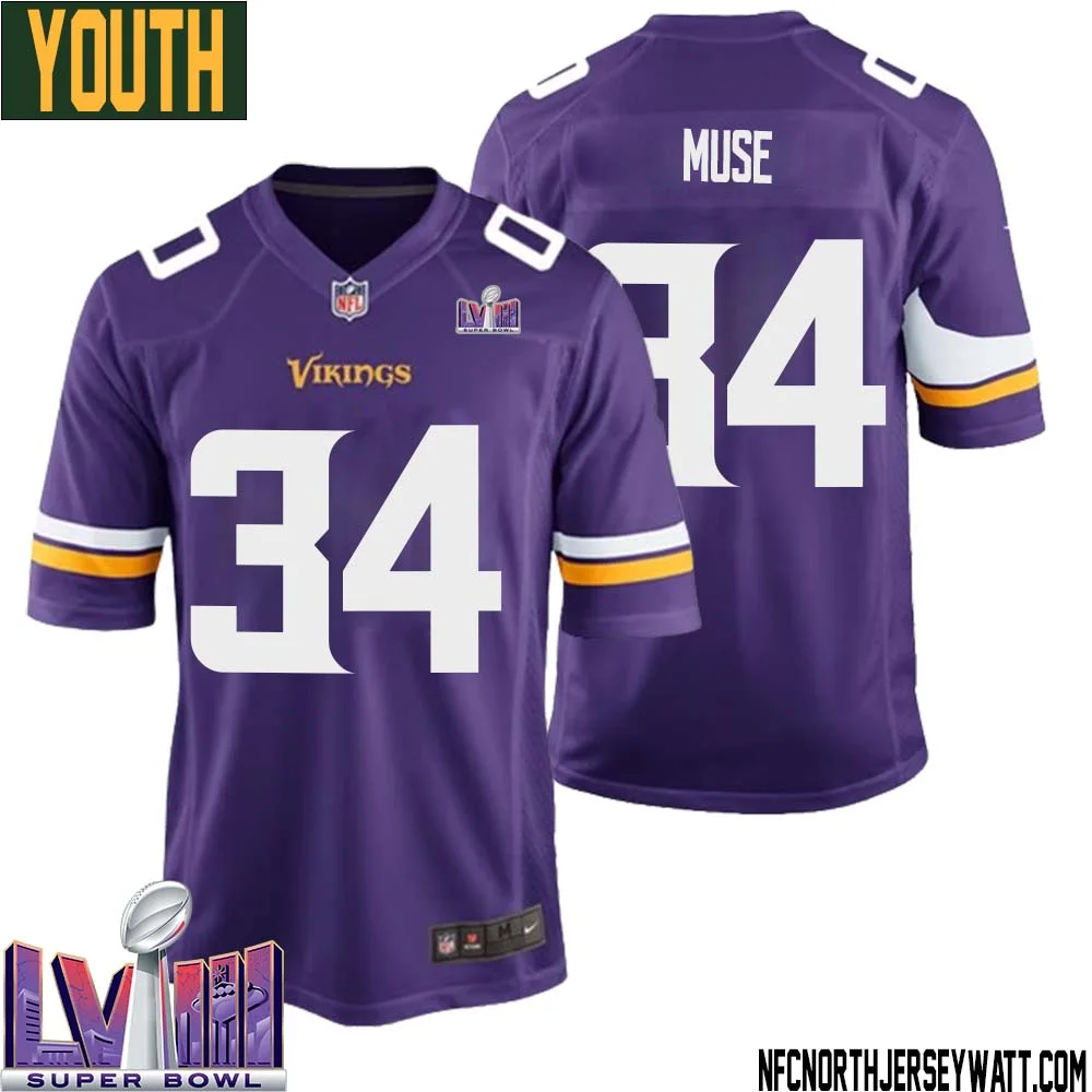 Nick Muse No 34 Minnesota Vikings Super Bowl LVIII Home Game Jersey Court Purple for Youth