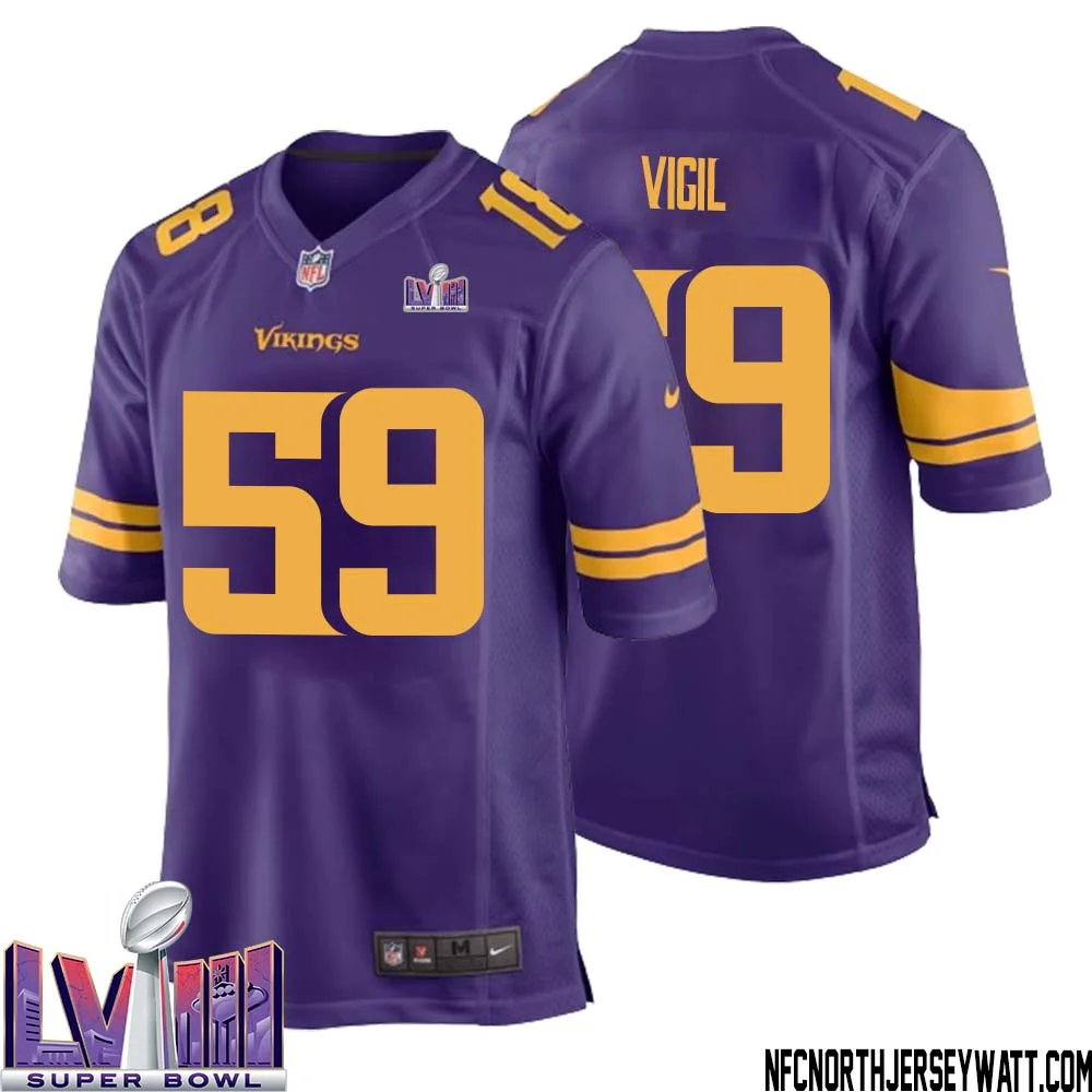 Nick Vigil No 59 Minnesota Vikings Super Bowl LVIII Alternate Game Jersey Purple for Men 1