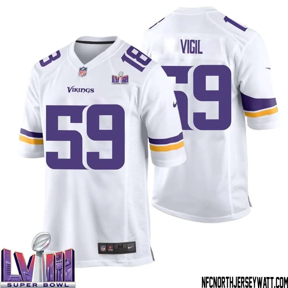 Nick Vigil No 59 Minnesota Vikings Super Bowl LVIII Away Game Jersey White for Men 1