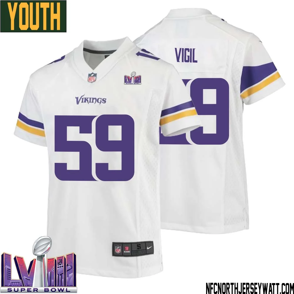 Nick Vigil No 59 Minnesota Vikings Super Bowl LVIII Away Game Jersey White for Youth