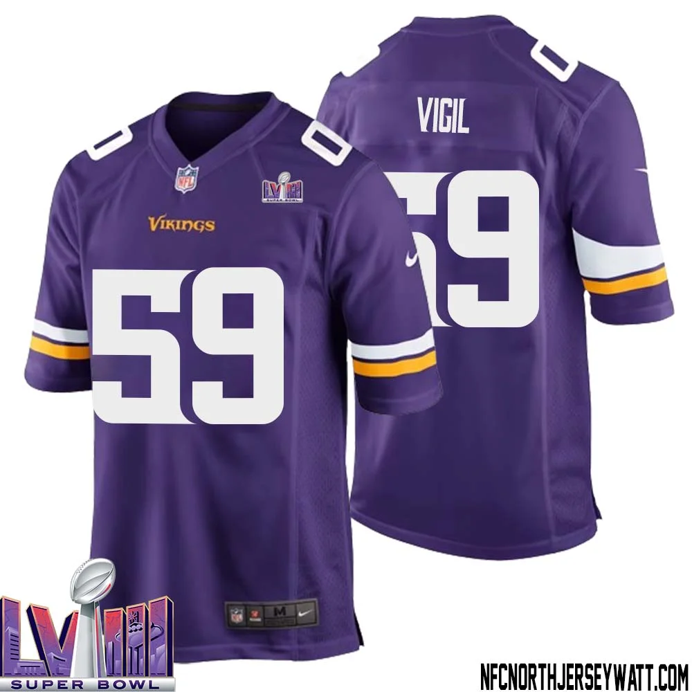 Nick Vigil No 59 Minnesota Vikings Super Bowl LVIII Home Game Jersey Court Purple for Mens 1