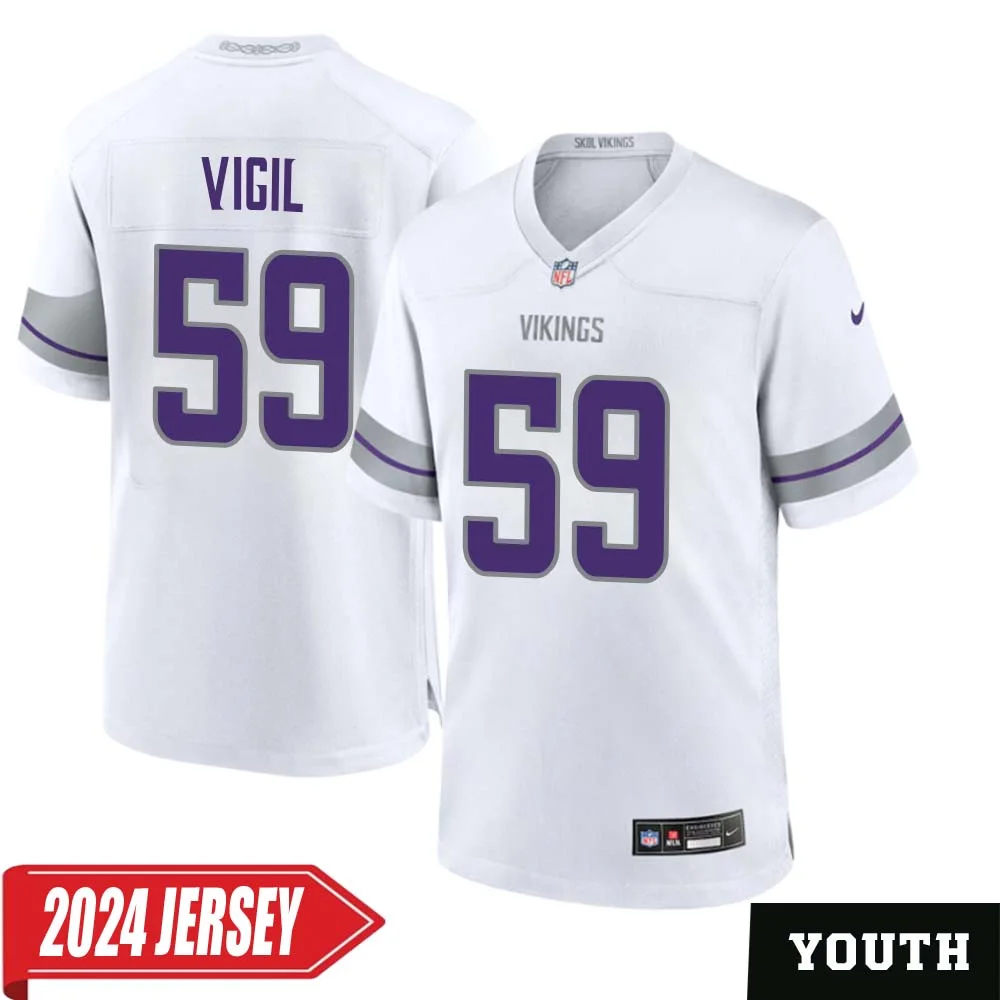 Nick Vigil No 59 Youth s Minnesota Vikings White Alternate Custom Game 2024 Jersey