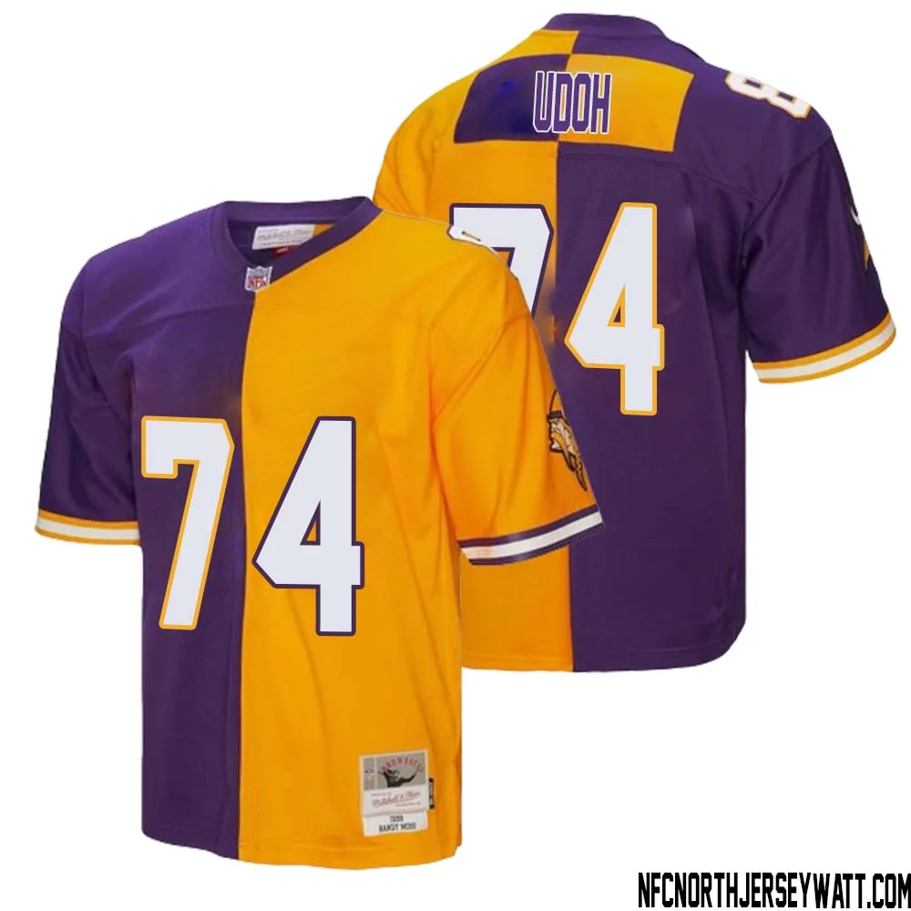Olisaemeka Udoh No 74 Men Mitchell Ness Purple Gold Minnesota Vikings 1998 Split Legacy Replica Jersey