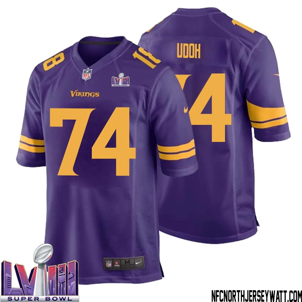Olisaemeka Udoh No 74 Minnesota Vikings Super Bowl LVIII Alternate Game Jersey Purple for Men 1