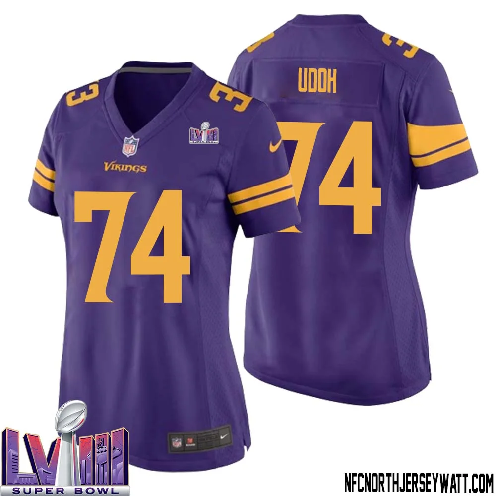 Olisaemeka Udoh No 74 Minnesota Vikings Super Bowl LVIII Alternate Game Jersey Purple for Women 1