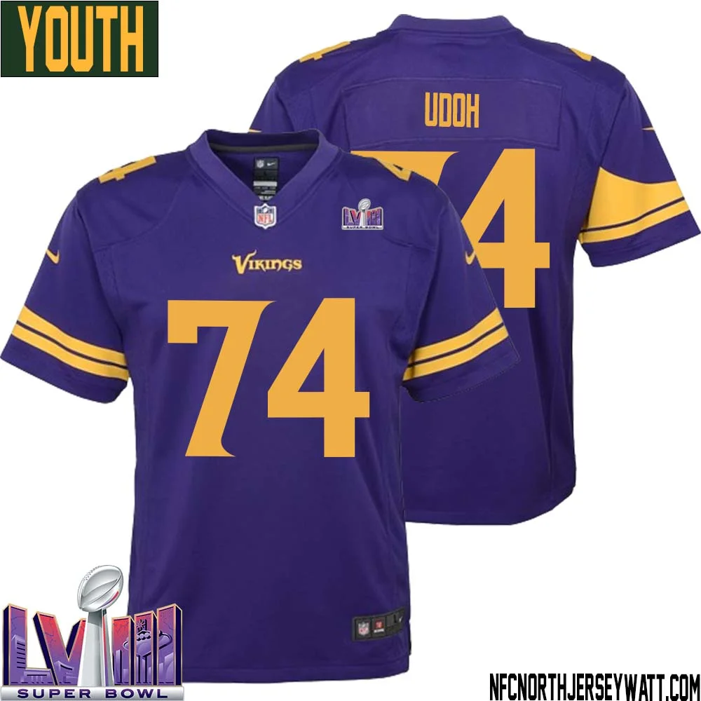 Olisaemeka Udoh No 74 Minnesota Vikings Super Bowl LVIII Alternate Game Jersey Purple for Youth