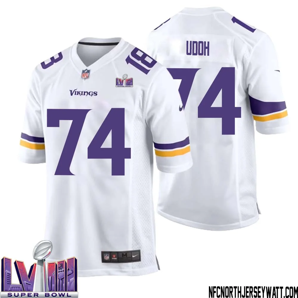 Olisaemeka Udoh No 74 Minnesota Vikings Super Bowl LVIII Away Game Jersey White for Men 1