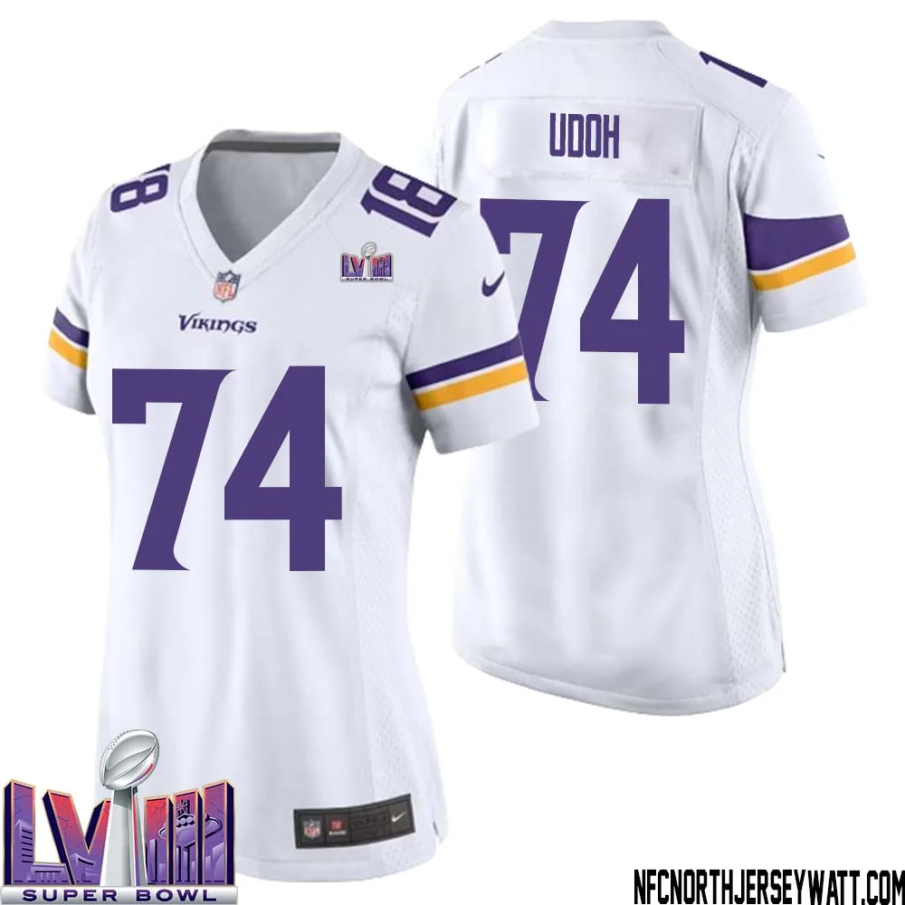 Olisaemeka Udoh No 74 Minnesota Vikings Super Bowl LVIII Away Game Jersey White for Women 1