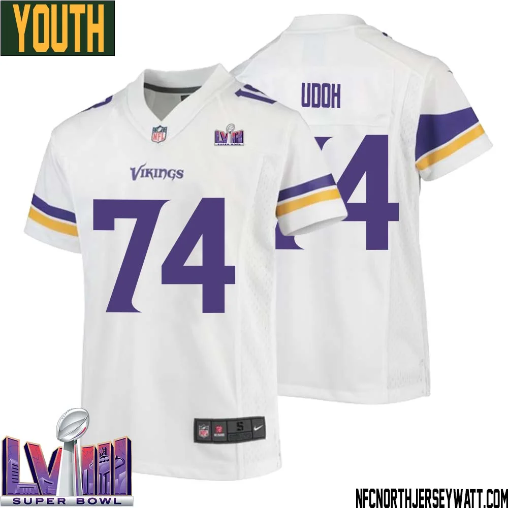 Olisaemeka Udoh No 74 Minnesota Vikings Super Bowl LVIII Away Game Jersey White for Youth