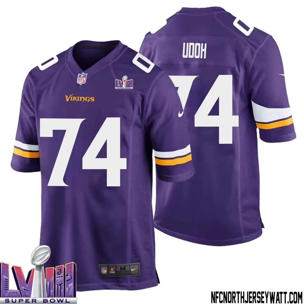 Olisaemeka Udoh No 74 Minnesota Vikings Super Bowl LVIII Home Game Jersey Court Purple for Mens 1