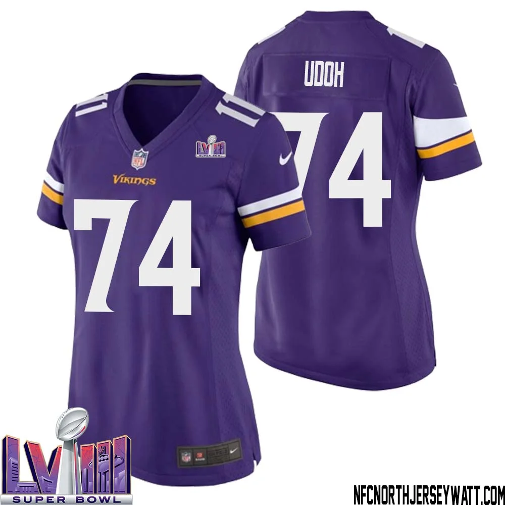 Olisaemeka Udoh No 74 Minnesota Vikings Super Bowl LVIII Home Game Jersey Court Purple for Women