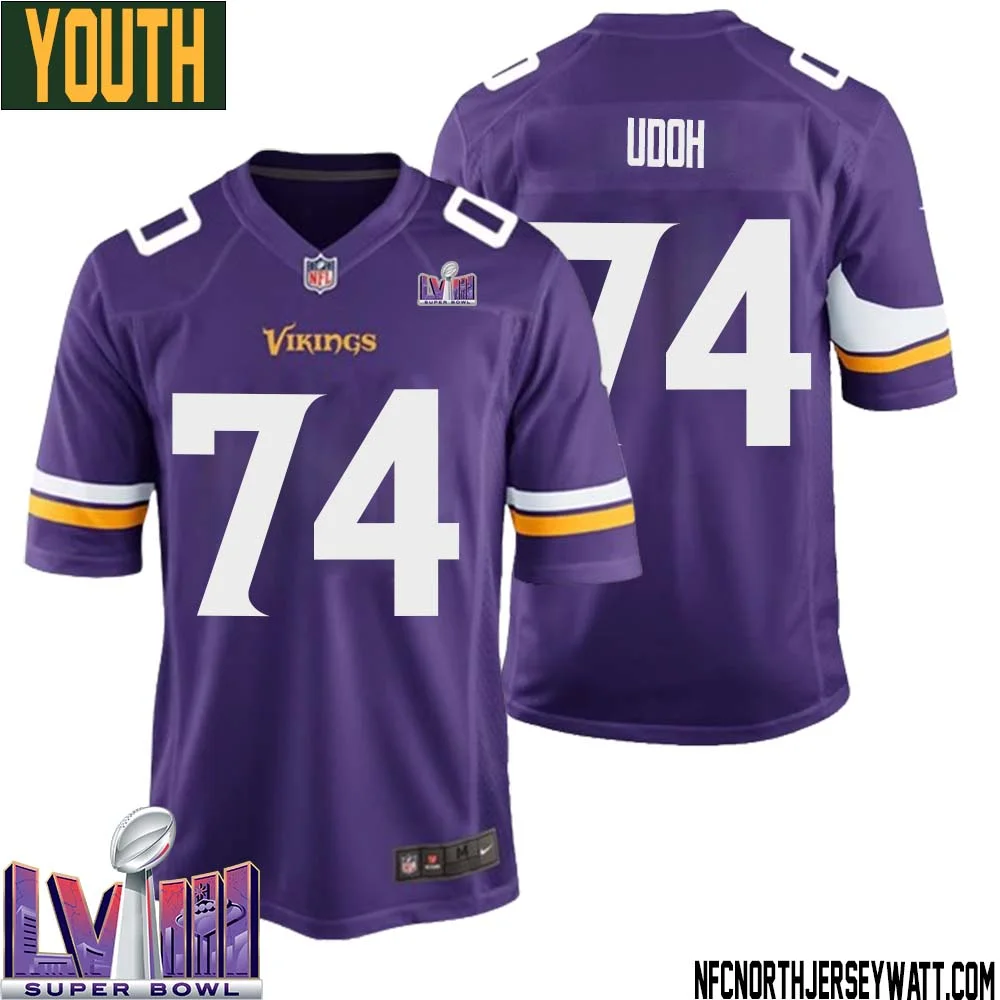 Olisaemeka Udoh No 74 Minnesota Vikings Super Bowl LVIII Home Game Jersey Court Purple for Youth