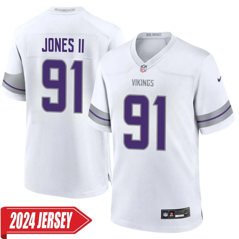 Pat Jones II No 91 Men s Minnesota Vikings White Alternate Custom Game 2024 Jersey