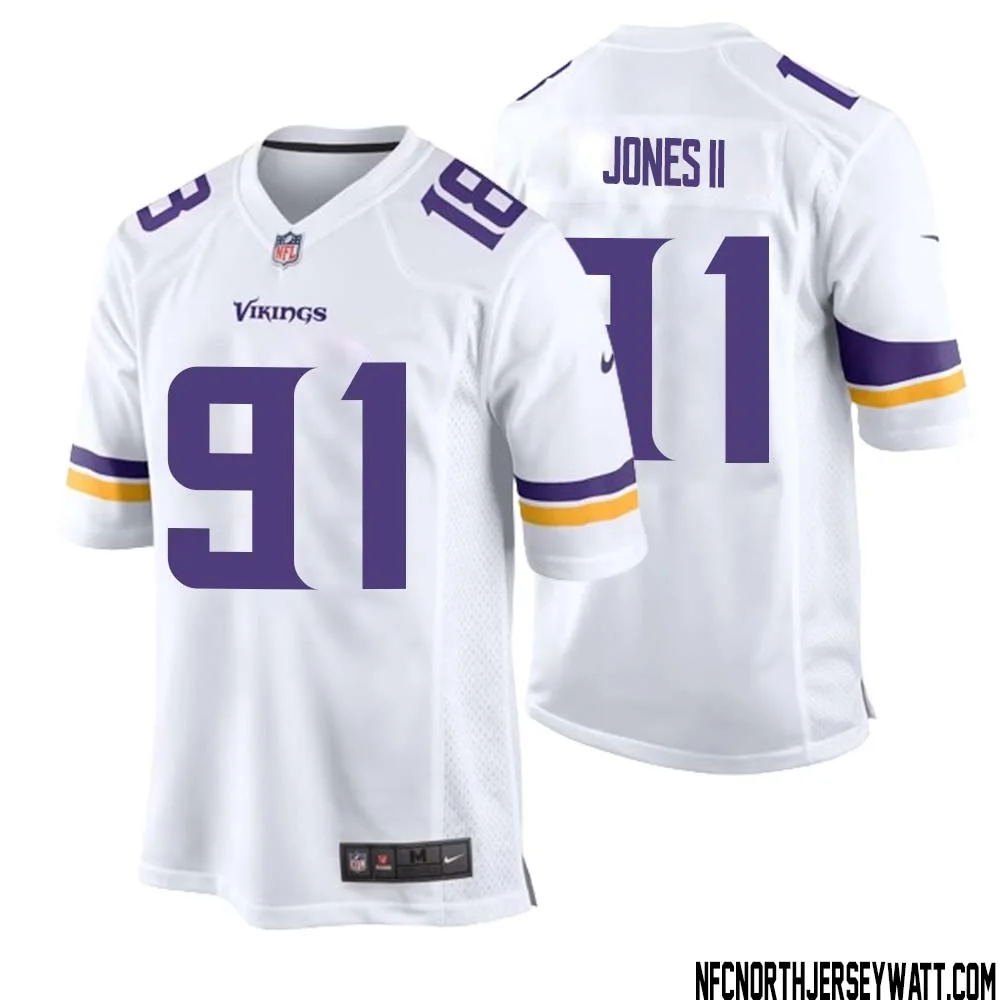 Pat Jones II No 91 Men White Minnesota Vikings Game Player Away Jersey
